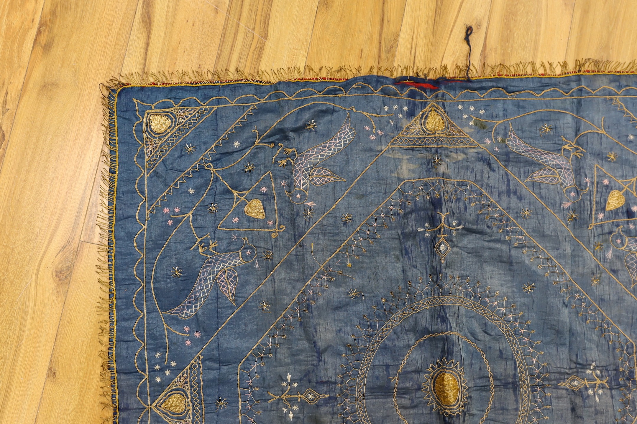 A late 19th century Indian silk and metal thread embroidered panel, approx: 118cms x118 cms, - Image 5 of 7