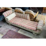 A Regency painted parcel gilt scroll end chaise longue, length 196cm, width 65cm, height 70cm