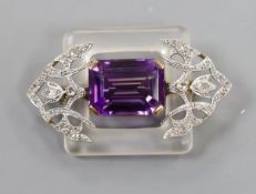 An Art Deco style yellow and white metal, amethyst, rose cut diamond and frosted glass set shaped