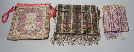 Three finely worked cut steel bags, circa 1920, possibly French, two worked into multicoloured