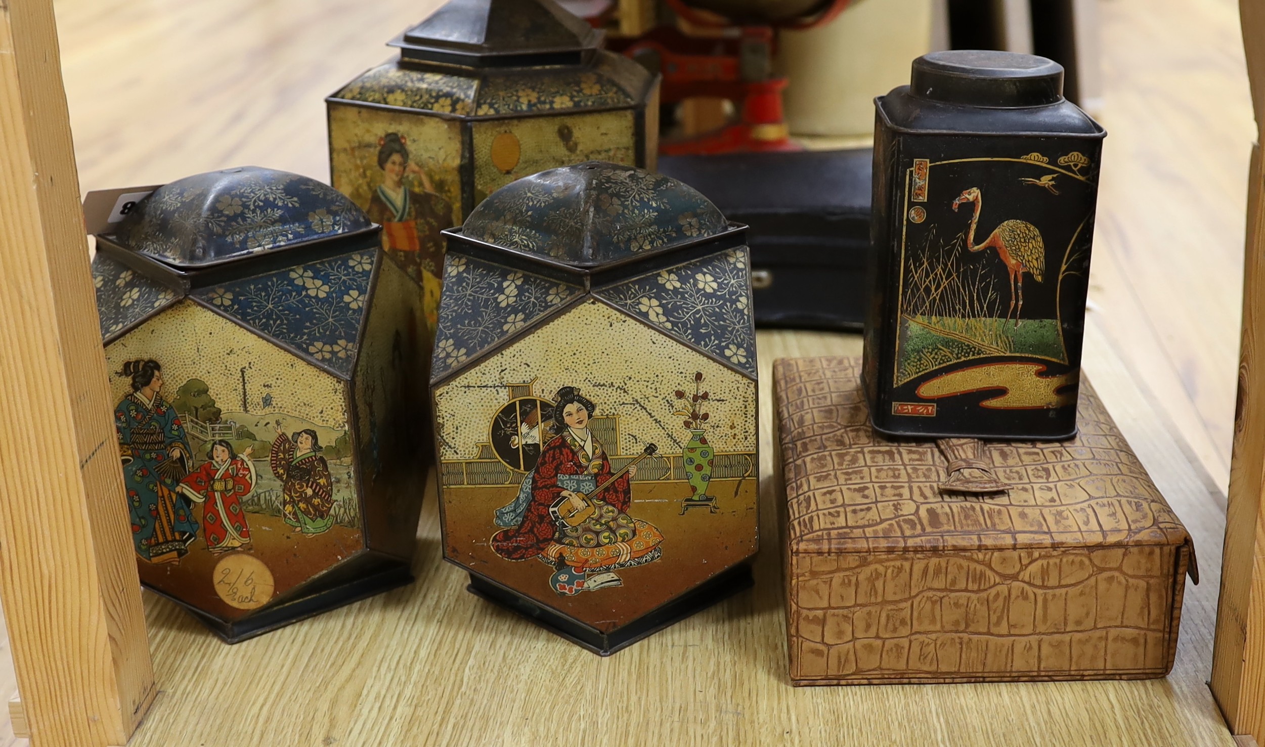 Four Japanned metal tea cannisters and a cased dressing set - Image 2 of 2