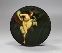 A 19th century ‘Leda and the Swan’ painted circular papier mache snuff box,9.5cms diameter,