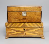 A parquetry inlaid box and a walnut mother of pearl inlaid sewing box, parquetry box 35 cms x 14