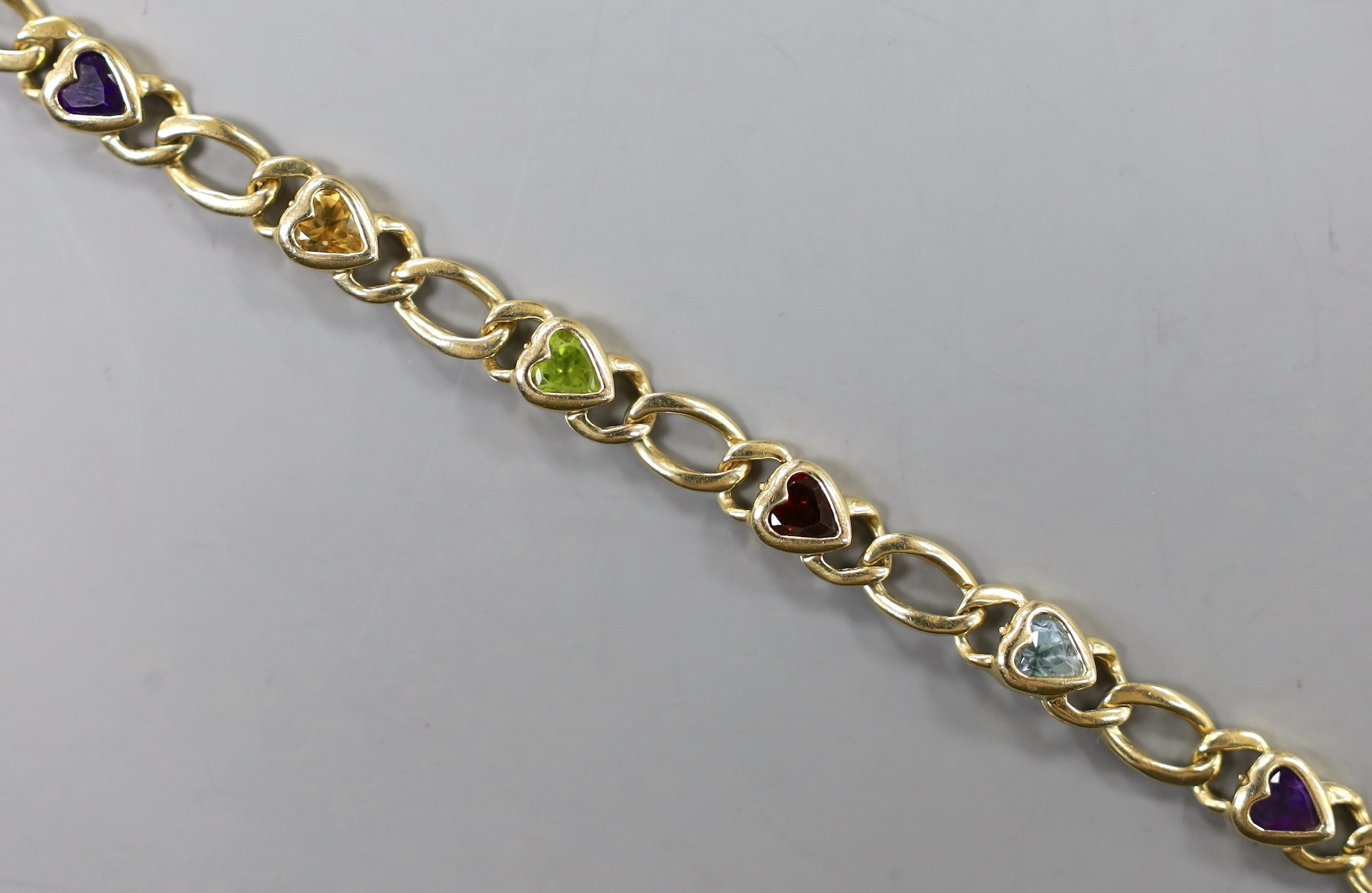 A modern Baith 14k and multi heart shaped gem set bracelet, 19cm, gross weight 15.9 grams.