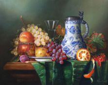 § § Raymond Campbell (b.1956) Still life of a delft flagon and fruit on a table topoil on