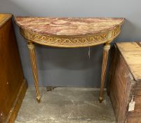 An 18th century style painted faux marble D shaped console table, width 88cm, depth 34cm, height