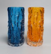 Two Whitefriars 'bark' cylinder vases, model 9689 designed by Geoffrey Baxter in 'tangerine' and '