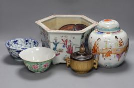 A 19th century Chinese famille rose planter, a jar and cover, two bowls and a crackle ware censer