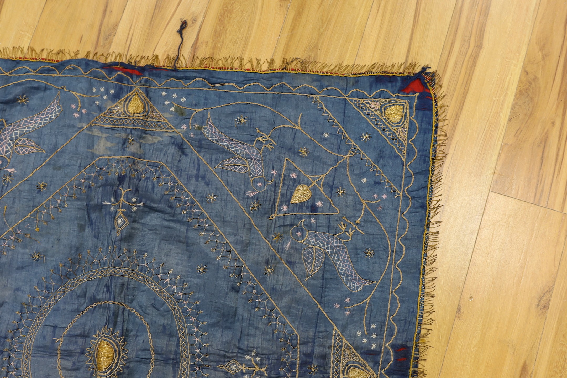 A late 19th century Indian silk and metal thread embroidered panel, approx: 118cms x118 cms, - Image 6 of 7