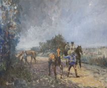 § § Peter Howell (b.1932), oil on canvas, Figure leading horses along a lane, signed, 50 x 60cm