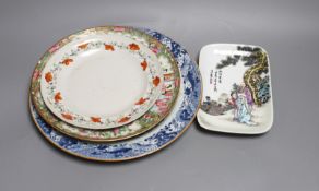 Four 18th / 19th century Chinese plates, and a later dishlargest plate 29 cms diameter,