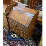 A Queen Anne revival feather banded walnut bureau, width 76cm, depth 50cm, height 101cm