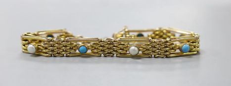 A 9ct gold , split pearl and turquoise set gate link bracelet, 17.5cm, gross weight 17.4 grams.