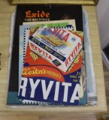 A selection of various shop laminated card advertising signs, to include Ryvita, Fitu Corsets,