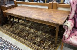 A rectangular French style oak kitchen table from a factory in France, length 204cm, depth 85cm,