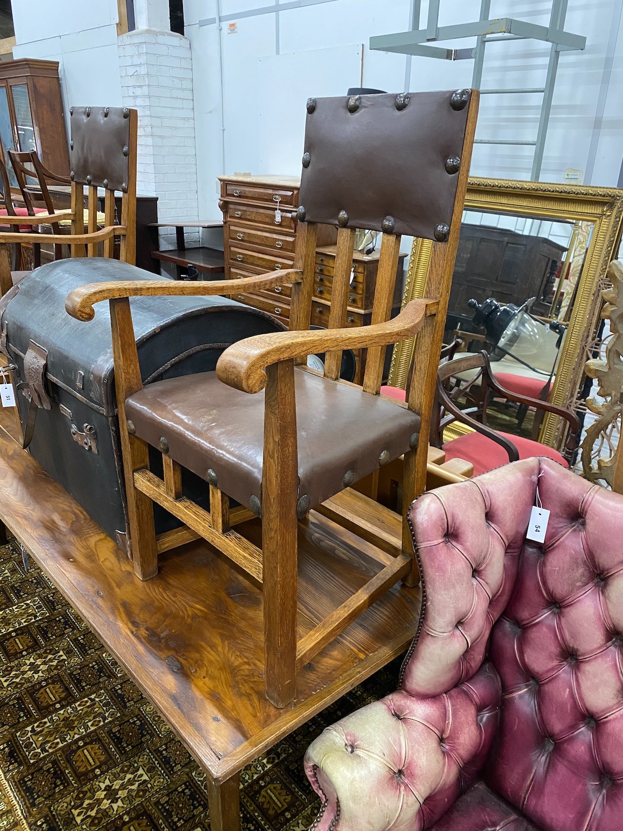 A pair of Arts & Crafts oak elbow chairs, width 58cm, depth 49cm, height 97cm - Image 2 of 2