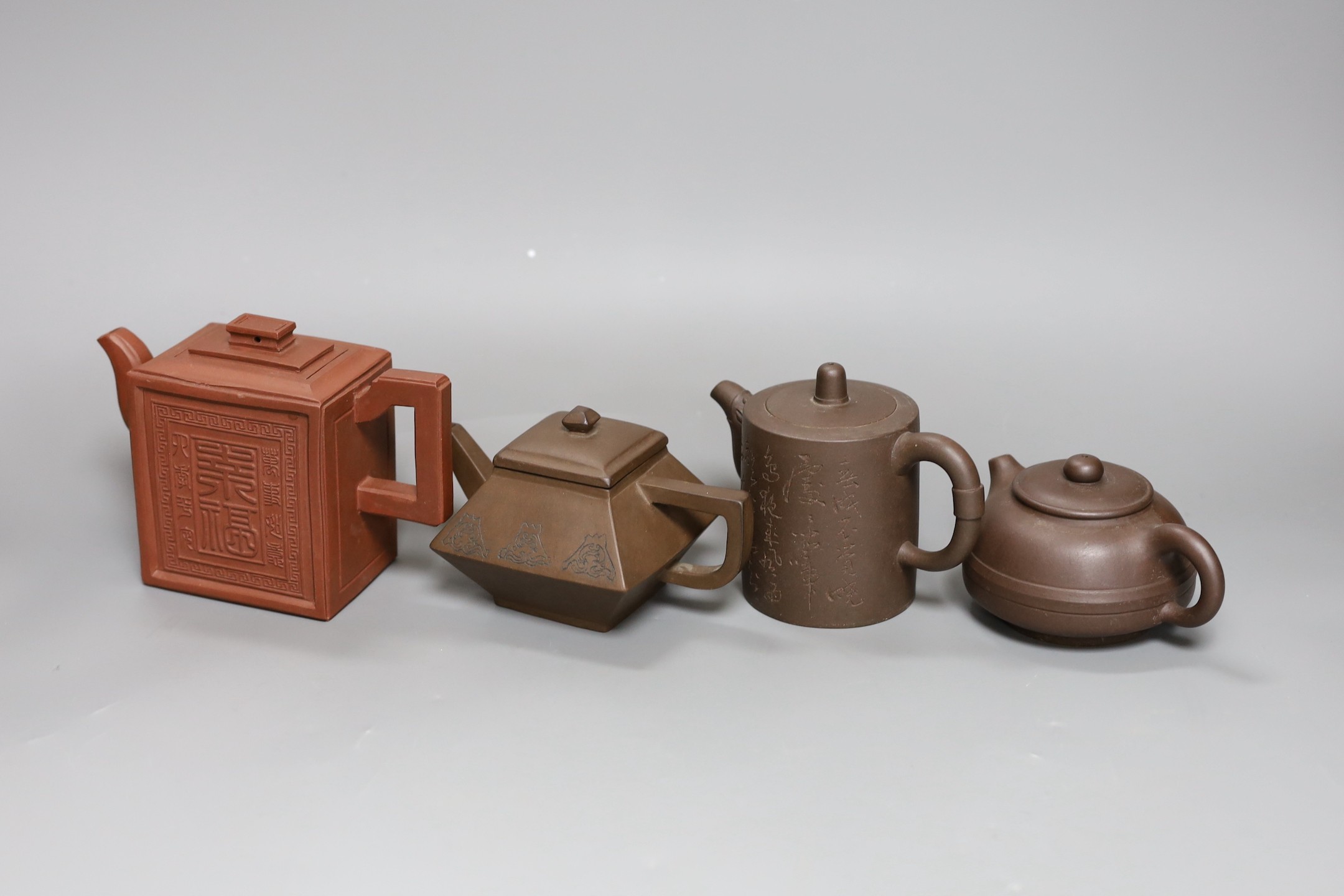 A Chinese Yixing rectangular teapot and three other Yixing teapots (4), Tallest 12 cms high, - Image 2 of 5