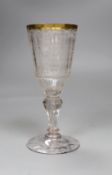 A mid 18th century German/Bohemian glass with military engraving, 17cms high,