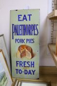 ‘Eat Palethorpes pork pies’ enamel advertising sign, 90cms high,