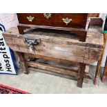 A vintage pine workbench with vice, width 122cm, depth 53cm, height 87cm