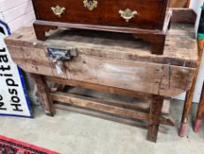 A vintage pine workbench with vice, width 122cm, depth 53cm, height 87cm