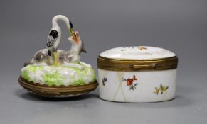 Two Continental porcelain snuff boxes circa 1900, one a novelty Aesop fable design,height 9cms,