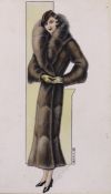 Oliver, ink and watercolour, Commercial artwork depicting a lady wearing a fur coat, signed, 33 x