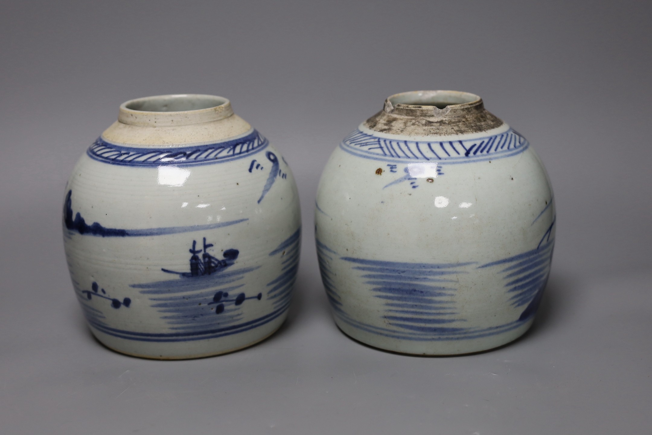 Two 18th century Chinese provincial blue and white jars,tallest 17 cms high, - Image 2 of 4