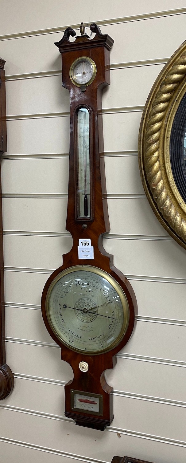 A Victorian mahogany wheel barometer marked Pensa & Son, Hatton Garden, height 98cm