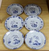 A set of four 18th century Chinese export blue and white plates, and a similar pair of plates (6),