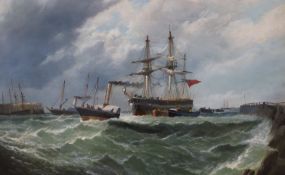 H. Redmore, oil on canvas, Steam tugs towing a sailing ship into harbour, signed, 50 x 75cm