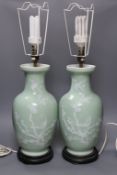 A pair of Chinese slip decorated celadon ground lamps,40cms high including stands,