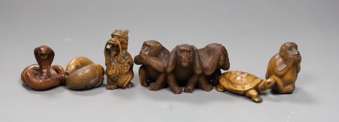 Five wooden animal netsuke; koi, cobra, monkey, tortoise, hear no, see no, say no monkey group,