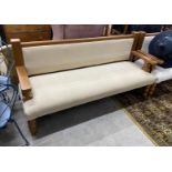 A pair of painted upholstered bench seats, new upholstery, length 186cm, depth 62cm, height 94cm