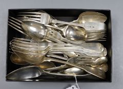 A mixed part canteen of George III and later silver mainly fiddle or fiddle and thread flatware,