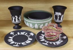 A Wedgwood black basalt pair vases, bowls, 3 plates and green bowl and glass bowl, vase 18 cms