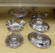 A group of plated wares, basket 36 cms wide,