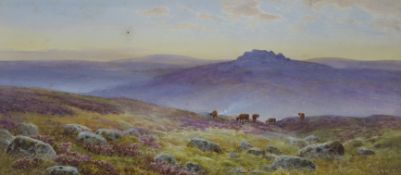 John Barrett (1822-1893), watercolour, 'Evening light, Dartmoor', signed, 25 x 55cm
