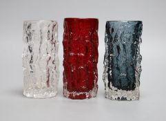 A trio of Whitefriars 'bark' vases, designed by Geoffrey Baxter, various colours, 15cm high.