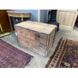 A vintage pine crate marked Davis Davis hd., Folkestone, width 84cm, depth 49cm, height 56cm