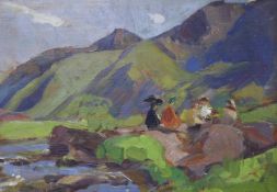 Amy Katherine Browning (1881-1978), oil on board, Travellers seated in a landscape, signed, 24 x