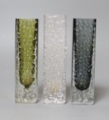 A trio of Whitefriars 'Nailhead' vases, model 9683, designed by Geoffrey Baxter, each 17cm high