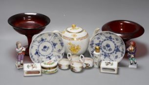 A Meissen figure of boy, two Meissen twin section salts, a Herend teapot and two matchbox holders,