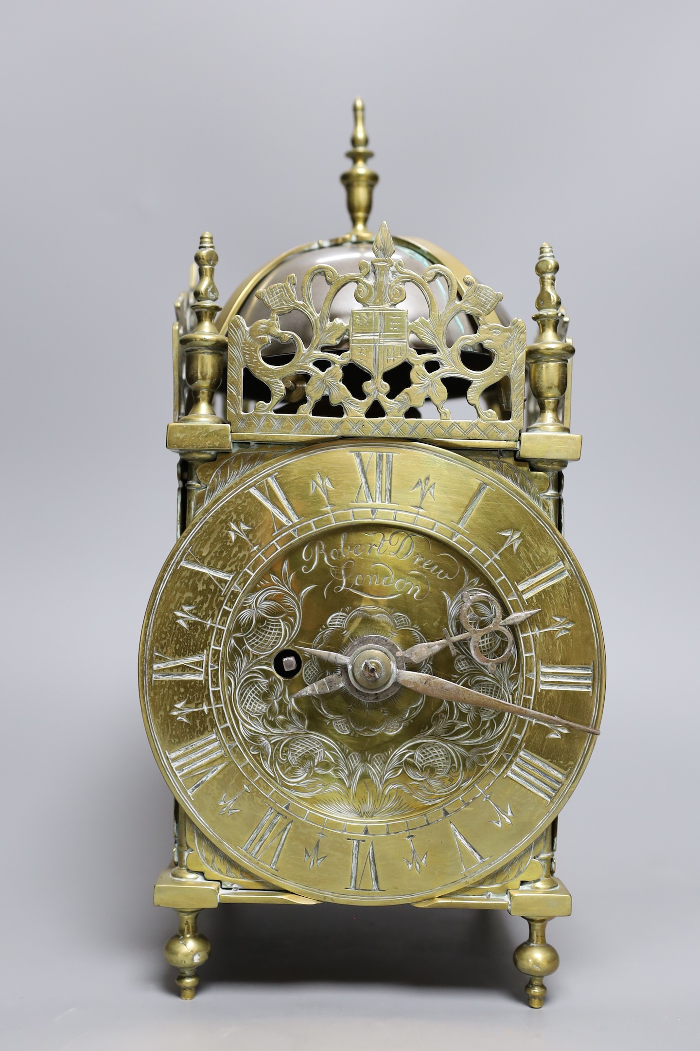 A brass lantern clock, signed Robert Drew, London, single fusee movement,34 cms high, - Image 2 of 4