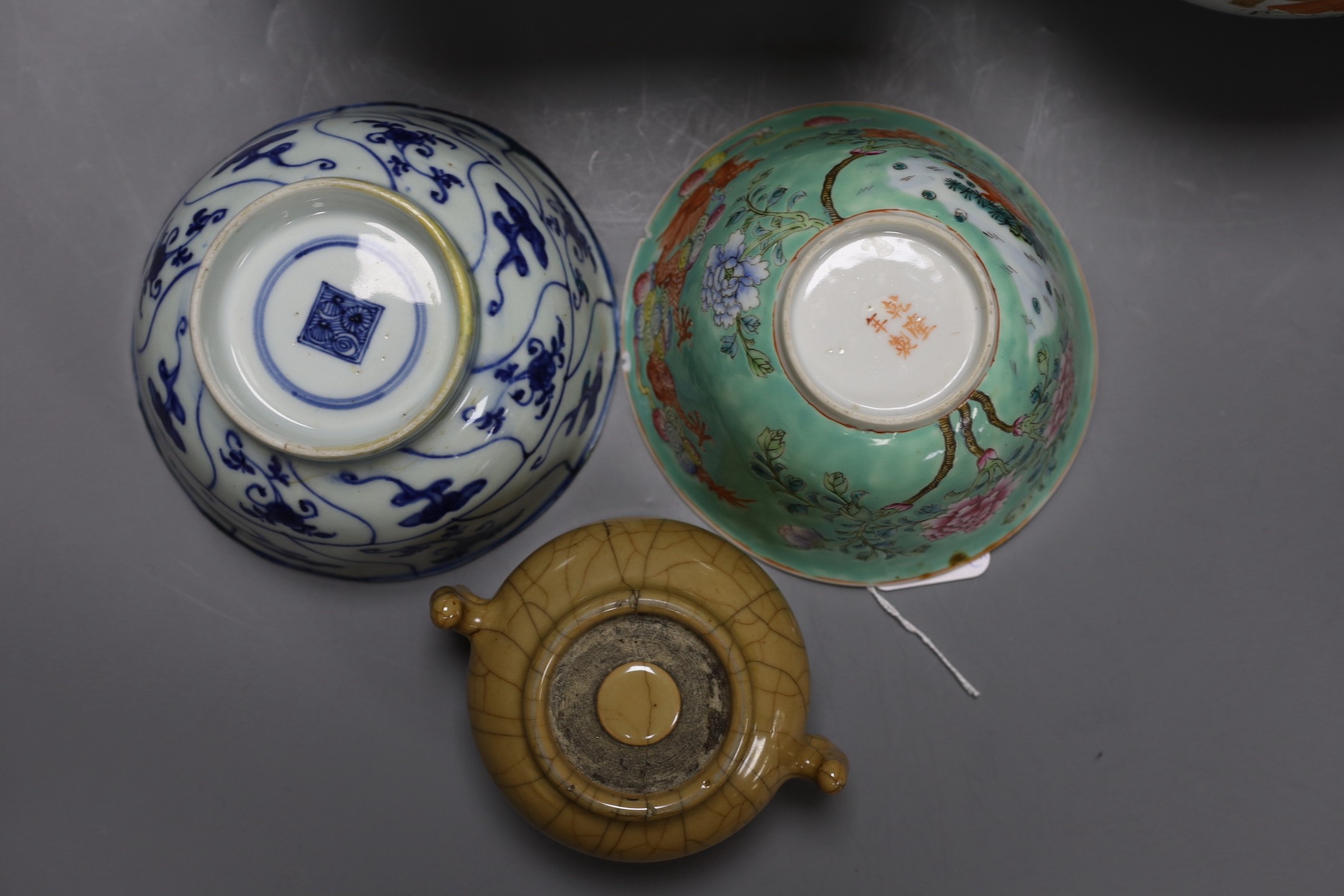 A 19th century Chinese famille rose planter, a jar and cover, two bowls and a crackle ware censer - Image 8 of 8