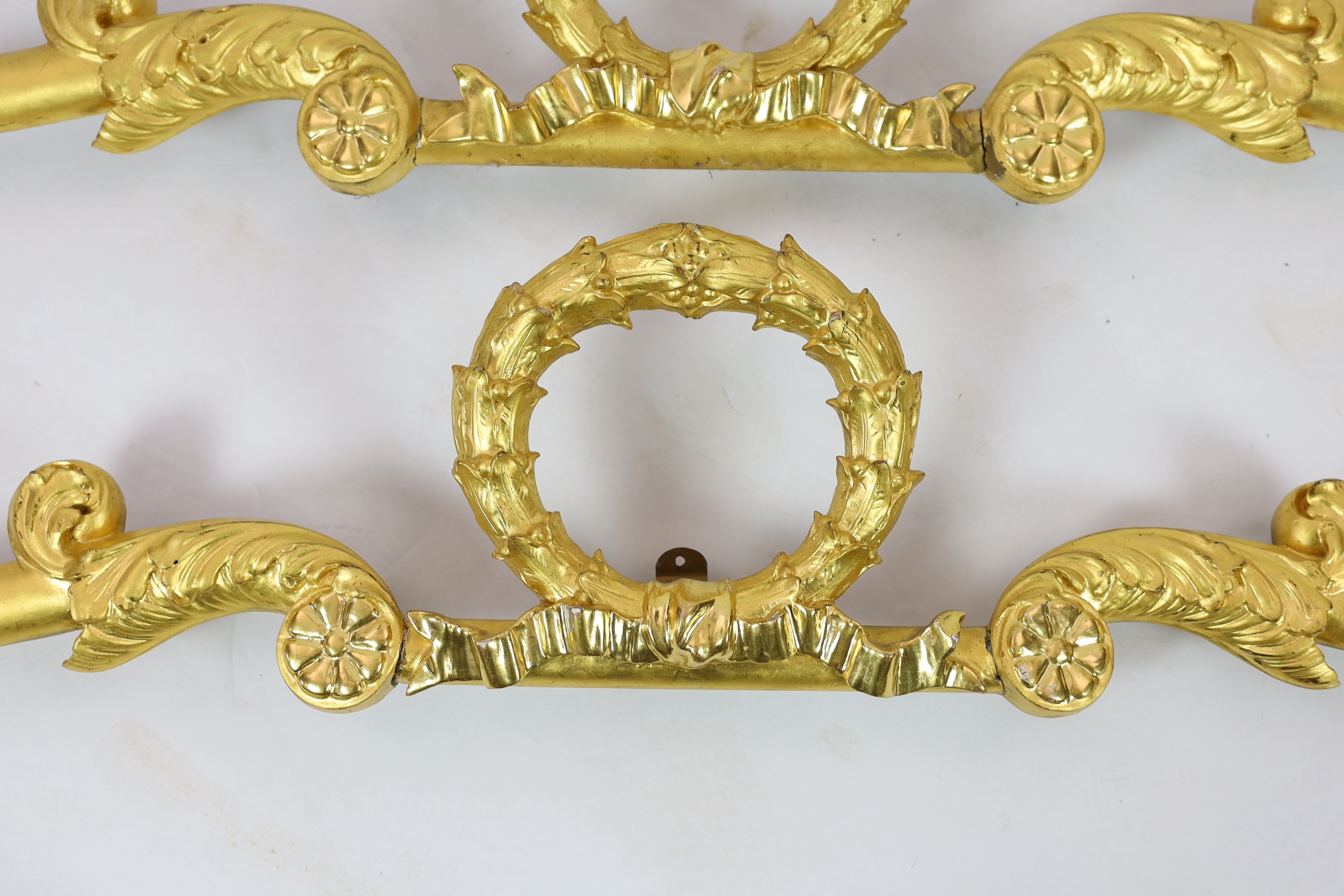 A pair of mid 19th century giltwood pediments, of laurel wreath ribbon and scroll form with eagles - Image 3 of 4