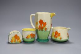 Two Clarice cliff “Sungleam”, crocus jugs and two pots, (4)tallest jug 17 cms high,