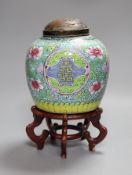 A Chinese Straits enamelled porcelain jar and cover, wood stand,Jar and cover 18 cms high,