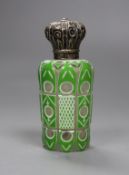 A Victorian silver mounted green and white overlaid glass scent bottle,10cms high,