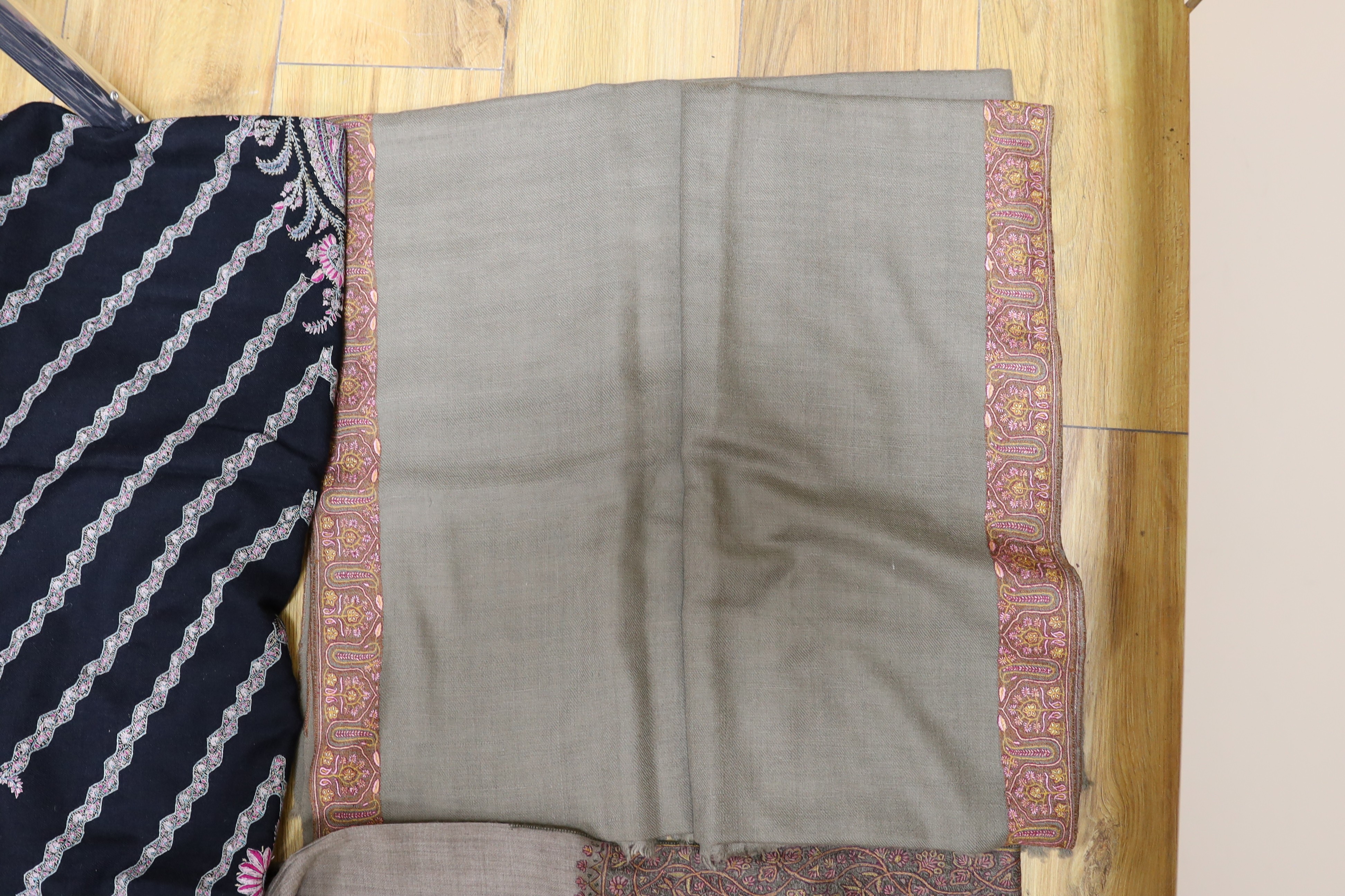 Four Indian wool and cashmere shawls, three silk embroidered, - Image 3 of 5